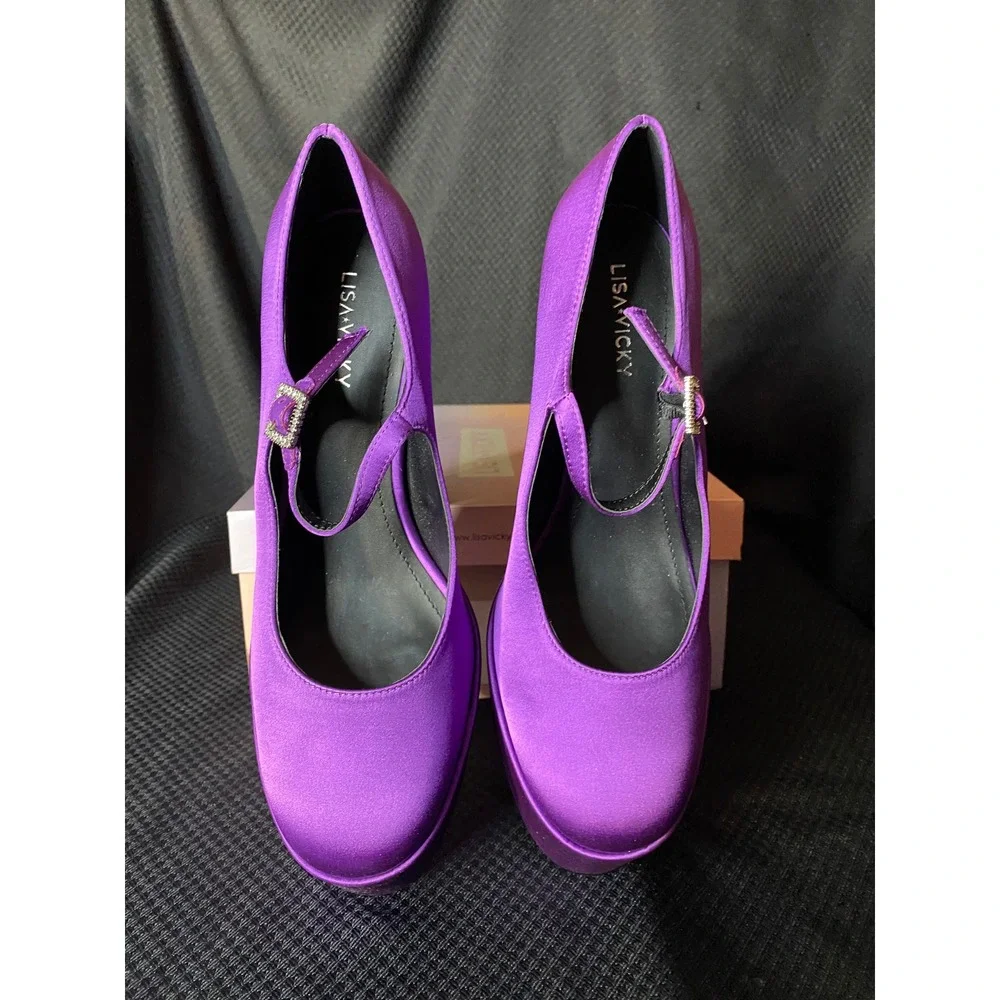 Lisa Vicky Purple Satin Platform Mary Jane Heels Rhinestone Buckle Size 10